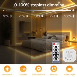 Motion Sensor COB LED Strip 5m, DC24V Dotless LED Tape with Auto On/Off, 4 Timers Modes, Day/Night Lighting Modes, Movement Activated Warm White LED Strip for Stair, Bed, Wardrobe, Kitchen