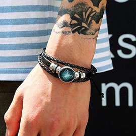 2pcs Retro Zodiac Bracelet for Men 12 Constellation Beaded Hand Woven Leather Braided Punk Chain Cuff Bracelets