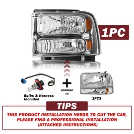 JSBOYAT Headlight Assembly w/Bulbs & Harness Replacement for 99-04 Ford F250 F350 F450 F550 Super Duty 00-04 Ford Excursion Headlamp Driver & Passenger Side (Chrome Housing with Amber Reflector)