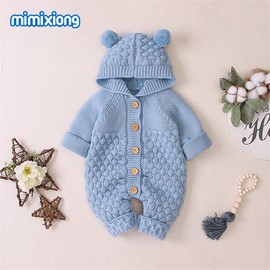 HKYFNNBW-Newborn Baby Winter Hoodie Romper, Long Sleeve Knitted Solid Color Button Jumpsuit (Blue, 0-6m)