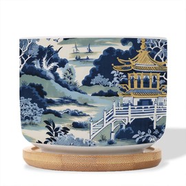 WoGuangis Blue and Gold Asia Tiered Tower Planters Ceramics Set of 3 Blue Asia Tiered Tower Asian Planter for Succulents with Drainage Bamboo Trays Chinoiserie Small Ceramics Pots for Plants