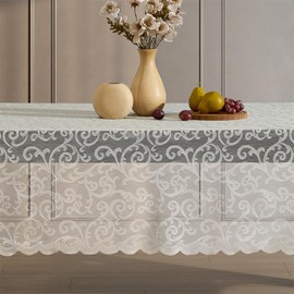 HLC.ME Scroll Lace Fabric Tablecloth, Lace Fabric Table Cloth for Rectangle Tables, Wrinkle Resistant Tablecloth, Patterned Scalloped Tablecloth (60 W x 120 L, Linen Taupe)