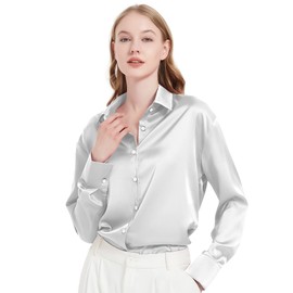 BeLockne Satin Blouse for Women, Womens Button Down Shirts Long Sleeve Silk Tops Business Casual Outfits Fashion 2024(Grey, X-Large)