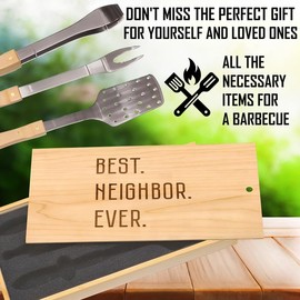 BEST. NEIGHBOR. EVER. Bold Font BBQ Tool Set: Premium Stainless Steel Spatula, Tongs & Fork, Perfect Gift for Neighbors, Custom Box with Straightforward and Appreciative Message