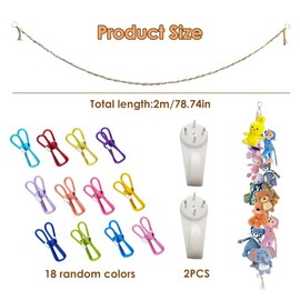 Cuddly Toy Storage, 2 m Colourful Hanging Stuffed Toy Holder, Boho Stuffed Toy Organiser Chain, with Metal Clips, Wall Organiser, for Hanging Hats, Socks, Toys, Photo
