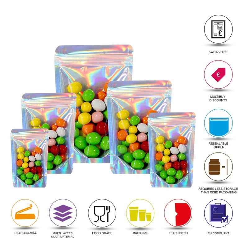 RIGHTPAK One Side Clear Holographic Stand Up Pouches with Resealable