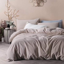 TanNicoor Pom Fringe Duvet Cover Set - 3 Piece Natural Ultra SOFE Color Washed Cotton Bedding Set, Modern Style Down Comforter Quilt Cover with Zipper Closure(Full, Khaki)