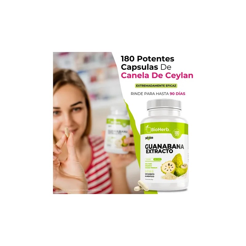 Guanábana Extracto 100% Puro Bioherb 180 Capsulas De 500mg
