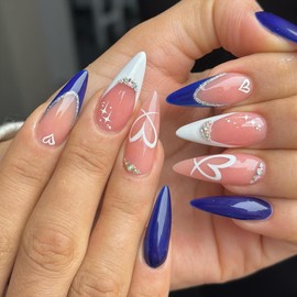 24Pcs Blue Heart Press on Nails Almond Medium Fake Nails French Tip Glue on Nails Valentines False Nails with Sparkly Rhinestones Designs Acrylic Nails Love Heart Heart Stick on Nails for Women