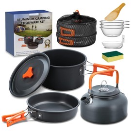 Camping Cookware Set, 10-Piece Outdoor Crockery Set, Cooking Pot Set, Outdoor Foldable Camping Pot, Picnic Pot with Coffee Pot, for Outdoor Hiking, Picnic, BBQ, 3-4 People