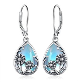 Leverback Sunflower Earrings for Women 925 Sterling Silver Moonstone Teardrop Drop Earrings Vintage Moonstone Jewelry for Women