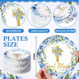Zopeal 80 Pcs Baptism Cross Paper Plates 7 Inch God Bless Flower Disposable Plates First Holy Communion Floral Party Plates Tableware for Christening Celebration Baby Shower Religious Party Supplies