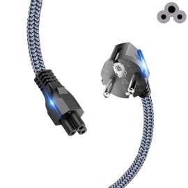 Goalfish Power Cable 3-Pin Small Appliance Cable 3 m (Protective Contact Plug Type F CEE 7/7 90° Angled to C5 Female, VDE) Nylon Braided Power Cable for TV Monitor PC Screen Laptop Notebook Power