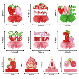 10Pcs Berry First Birthday Decorations Honeycomb Centerpieces for Baby Girls, Strawberry Theme 1st Birthday Table Centerpiece Party Supplies, Berry Sweet One Birthday Party Table Topper Decor