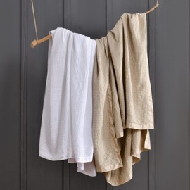meadow park Cotton Waffle Blanket with Cotton Sateen Binding - Twin Size - Lightweight and Breathable - Washed Cotton Waffle Throw - Taupe Color.