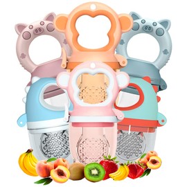 Chupones/Chupetes Ergonómicos para Frutas, Papillas y Cereales con Seguro y Tapa Protectora Libre de BPA, 3 Piezas Unisex de 4m+ (Pig - Azul / Dino - Verde Amarillo / Monkey - Azul)