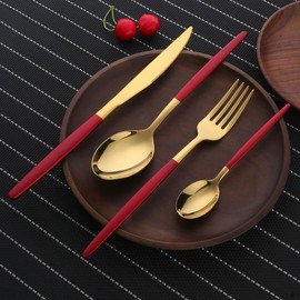 4-Piece Silverware Set with Knives Spoons and Forks, Stainless Steel Flatware Cutlery Set For Home Kitchen Restaurant Hotel, Black Gold Utensils Set Mirror Polished, Dishwasher Safe