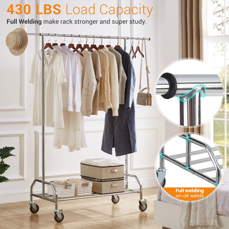 LiaMeE Heavy Duty Clothing Racks for Hanging Clothes, Adjustable Rolling