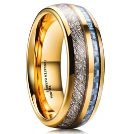 King Will 7mm Tungsten Rings for Men Imitated Meteorite Carbon Fiber Inlay Mens Gold Wedding Band Engagement Promise Ring Polished Domed Style Comfort Fit, Light Blue Size 15