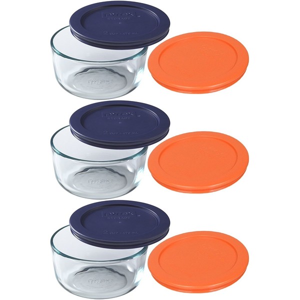 Pyrex Storage 2 Cup Clear Round Dish, Pack of 3 Containers with 2 Color Lids