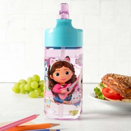 p:os Gabby's Dollhouse Children's Drinking Bottle, 430 ml, with Straw, Small Bottle, Perfect for Nursery, Playground or Home, for Girls, Purple