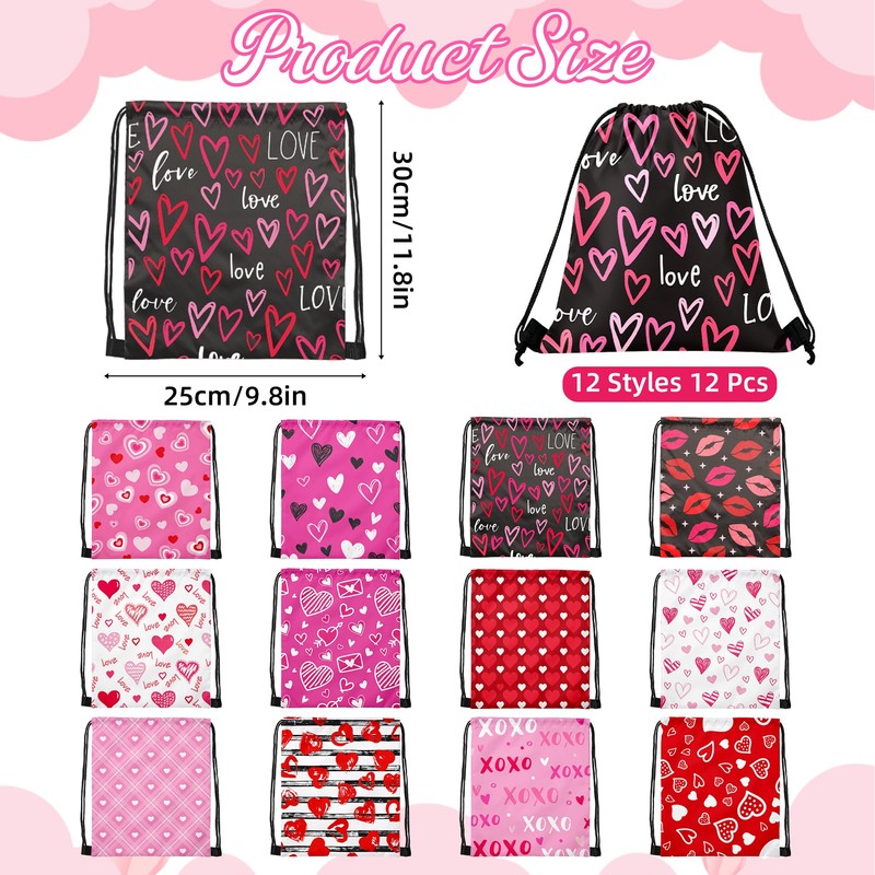 Bafeil 12 Pcs Valentines Day Drawstring Bags Bulk Reusable Heart