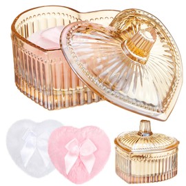 Tioncy 3 Pcs Large Body Powder Puff and Container Valentine's Day gift Powder Container with Puff Crystal Case Soft Washable Reusable Velour Face Body Glitter Wet Dry Makeup(Hammered Heart,Amber)