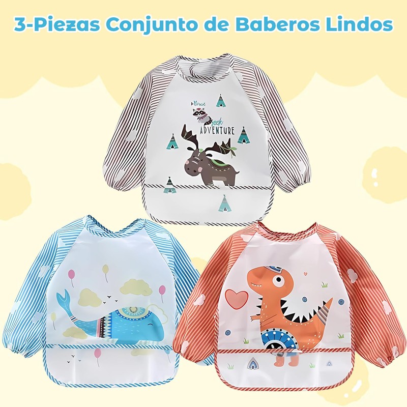 3/5 Pcs Baberos para Bebé,Baberos para Bebe Impermeable con Mangas,Baberos