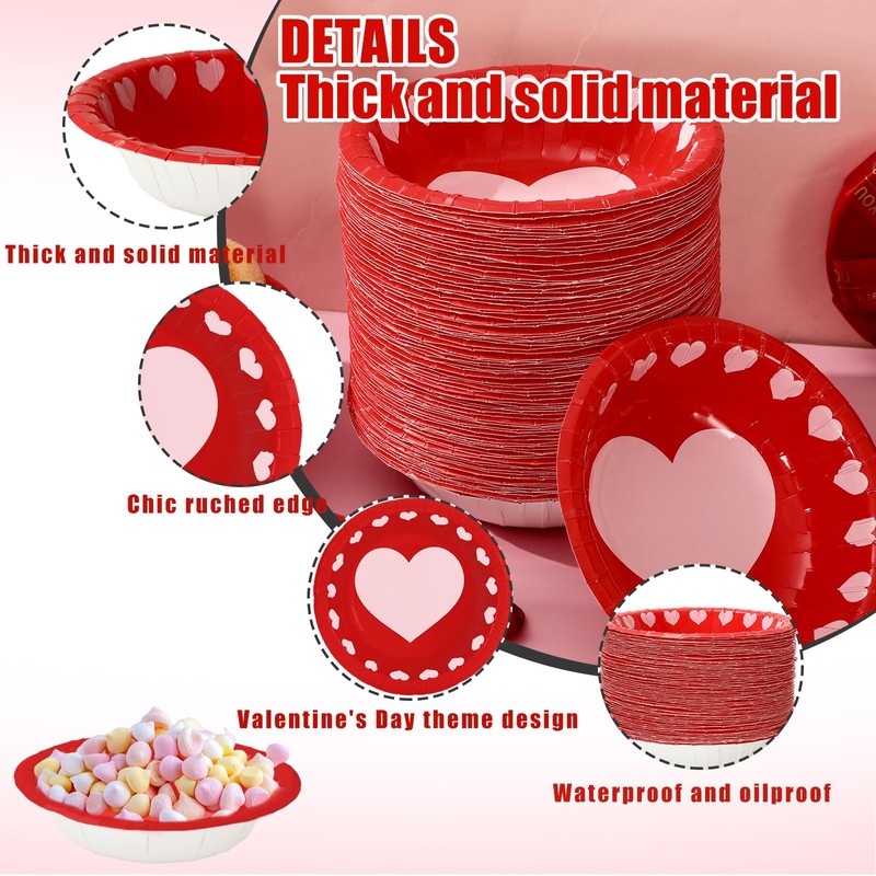 100 Pcs Valentine's Day Paper Bowls Disposable Serving Bowls Red