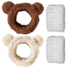 Pack of 2 Plush Tie and 1 Pair of Wrist Bands, Cute Headband, Elastic Headband, Absorbent Headband, Face Wash Accessories