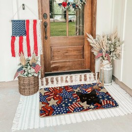 Artoid Mode Stars and Black Cat Patriotic 4TH of July Doormat, Memorial Day Home Decor Low-Profile Switch Rug Door Mat Floor Mat for Indoor Outdoor 17x29 Inch
