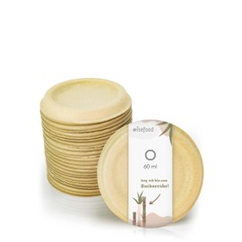 wisefood Bagasse Lid for Dip Bowl, Pack of 100 Disposable Bowls, Round, 60 ml, Ideal for Ketchup, Sauces or Dips - Biodegradable Sugar Cane Tableware