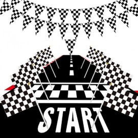 Racing Party Decorations Supplies 6.6 x 2 ft 6.6ft Racing Floor Mats 10 Pieces with Sticks Checkered Racing Flags 30 Pieces Black and White Triangle Flags Racing Theme Party Decorations