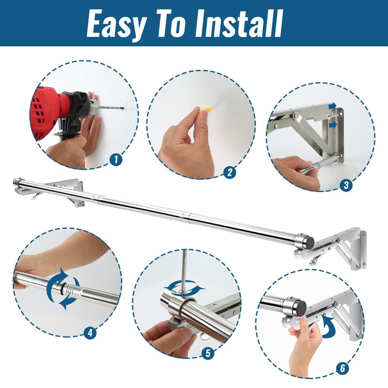 Foldable Wall Mounted Clothes Rack-44'' Long Rod&2 Bases,Stainless Steel, Heavy