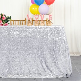 AMZLOKAE Silver Table Cloth Rectangle Sequin Tablecloth 50X80-Inch Shimmer Tablecloths Rectangular Table Linen for Parties,Wedding,Birthday Decorations Silver Tables Overlay