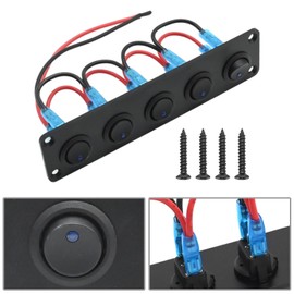 UOIENRT 5 Gang 3 Pin Rocker Switch Panel, Waterproof 12V 5 Position Marine Rocker Switch Panel, 5 Position Rocker Toggle Switch with Pre-Wired, Suitable for Cars, Trailers, Trucks, RVs, Blue Light