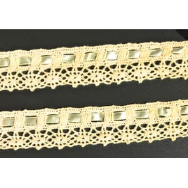 5 Yards Ivory Cotton Lace 1.5'' with Off White Ribbon Trim,Vintage Style Scalloped Crochet Lace Ribbon Edge Trimmings for Sewing,Craft and Wedding Bridal Decoration -C