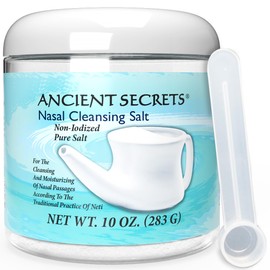 Ancient Secrets Nasal Cleansing Salt, Non-Iodized – USP-Grade Sodium Chloride for Any Neti Pot, Sinus Irrigation System, 10 Oz + Single-Use Travel Pack