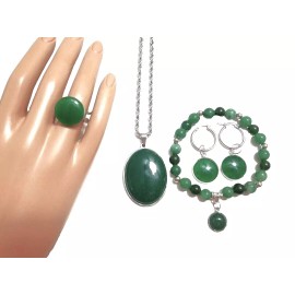 Unbranded Jade Bracelet (Size 6-1/2"-8") Pendant, Earrings & Ring, All in Stainless Steel