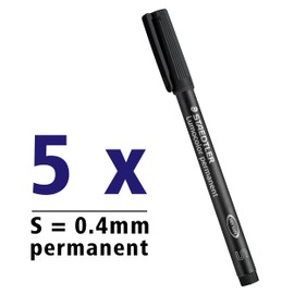 Staedtler Lumocolor 313-9X Permanent Foil Pen Smudge-proof and Waterproof on Almost All Surfaces Line Width S 0.4 mm Refillable Long Life 5 Black Universal Pens