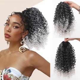 Grey Kinky Curly Drawstring Ponytail for Black Women Afro Gray Deep Curly Ponytail Extension Synthetic Ombre Gray Drawstring Ponytail Clip in Ponytail Hair Pieces for Women