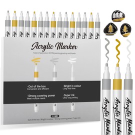 Acrylic Paint Pens Markers,15 Pack Acrylic Markers, 2-3mm Medium Tip, White Gold Silver Paint Pen for Art Projects, Drawing, Rock Painting, Ceramic, Glass, Wood, Plastic, Metal, Canvas DIY Crafts