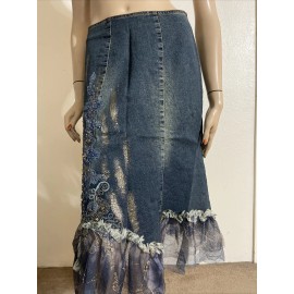 West 36th Blue Denim Beaded Embroidery Lace Boho Asymmetric Zip Size M(6-8) Skirt 9002