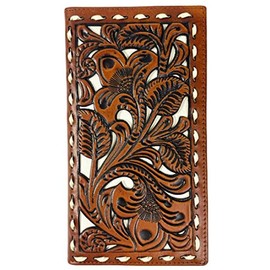 Western Cowboy Leather Long Wallets for Men Checkbook Tooled Wallet Floral Bifold - Color: NAVY