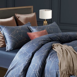 Get Bed Ready Unique Mid-Century Modern Boho Chic Vintage Retro Mod Print Bedding Egyptian Cotton Duvet Cover Set Minimalist Chic Botanical Design Asian Zen Style Pattern (Twin, Dusky Blue)