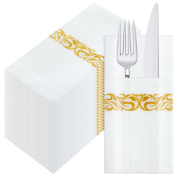 100 Pack White and Gold Napkins Disposable Linen Feel Dinner