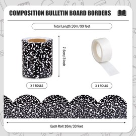 FOBSME 99 Feet Composition Bulletin Board Borders Composition Scalloped Rolled Border Trim Composition Notebook Classroom Decorations for Back to School Party Decorations Supplies,3 Rolls