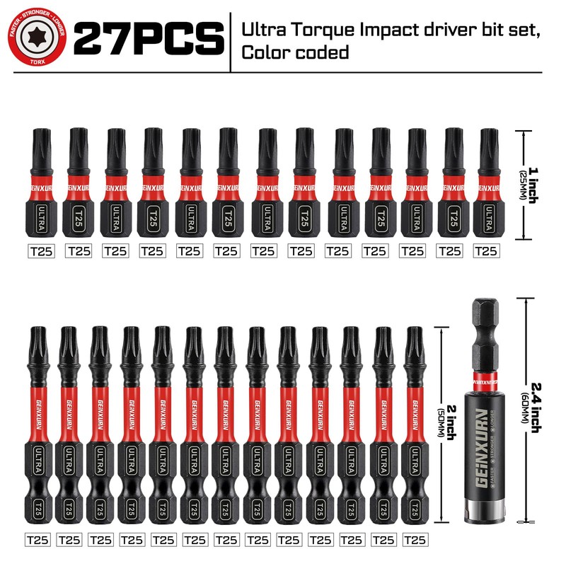 Geinxurn Impact Torx Screwdriver Bits Set,26Pcs 1”/2”Magnetic T25 S2 Steel