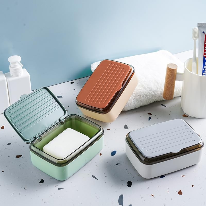 2Pcs Plastic Soap Holder with Drain Tray and lid,Removable Bar