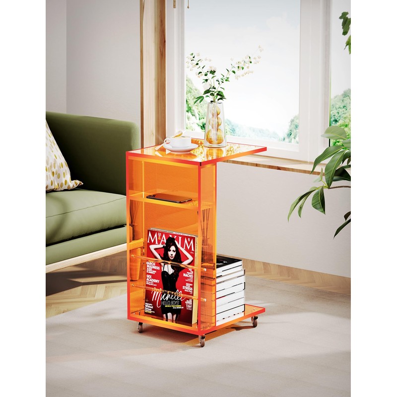Clear Acrylic Side Table on Lockable Wheels, C Shaped End